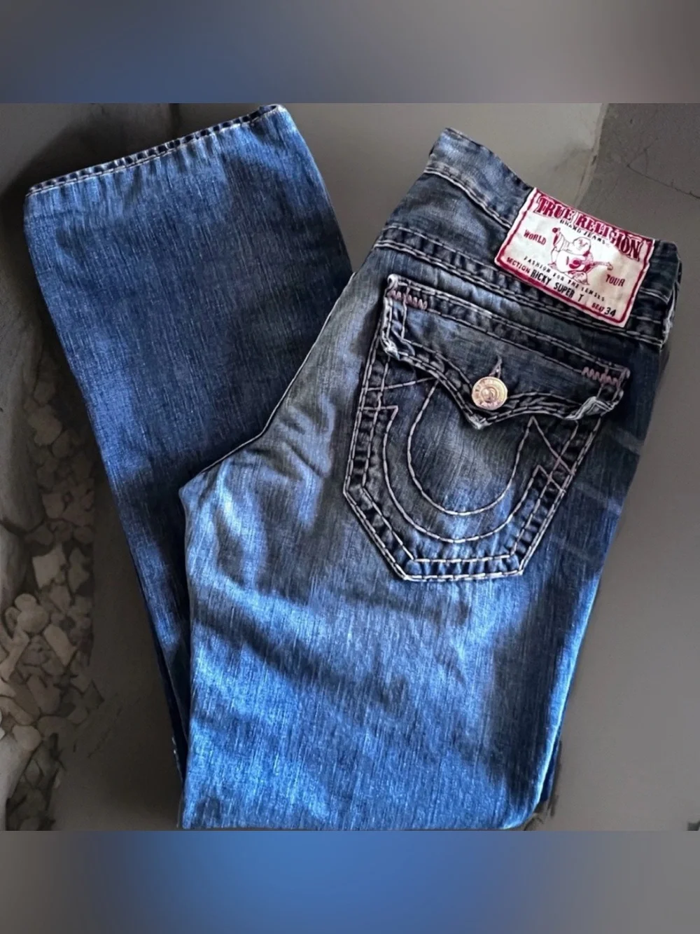 True Religion Ricky Jeans Super T Straight 36x32 Men's Relaxed Thick Stitching